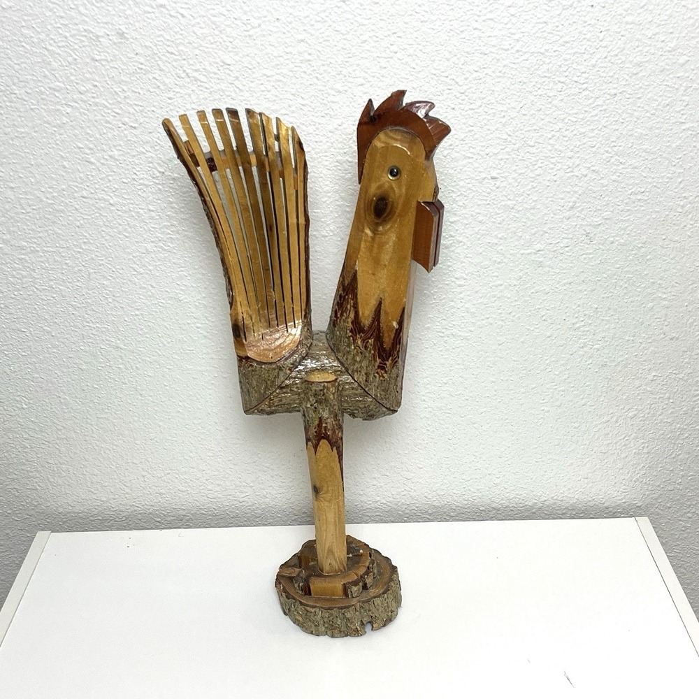 Hand Carved Wood Rooster Chicken 18" Whittled Branch Folk Art Sculpture Handmade
